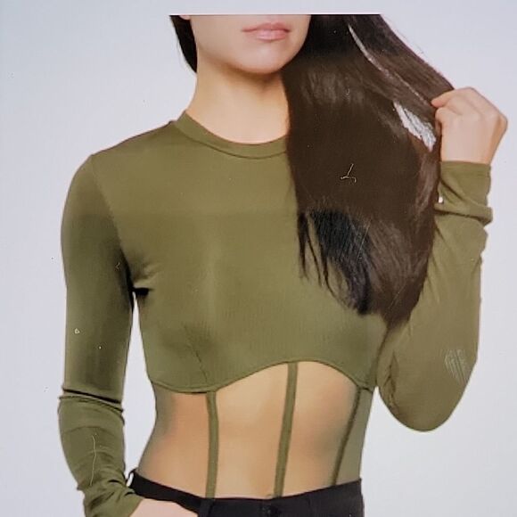 BRAND NEW LONG SLEEVES MESH INSERT HIGH NECK SOLID SHEER THONG SNAP BODYSUIT - Picture 13 of 15